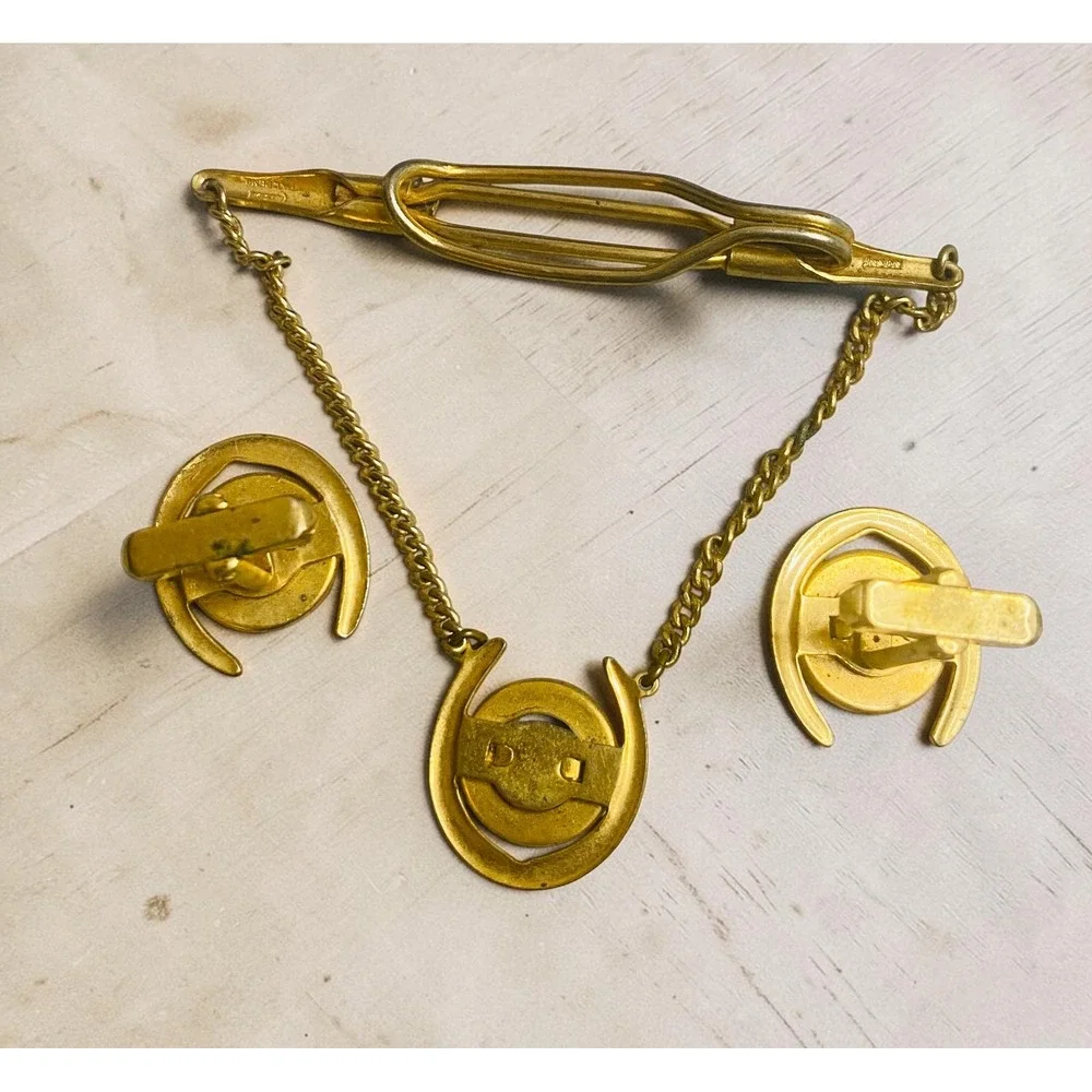 Anson VINTAGE Gold Tone Horse Head Western Cufflinks and Tie Clip Set